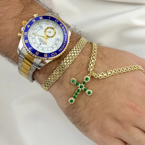 Juego para Caballero de Cadena Tejido Chino 60cm + Cristo verde Esmeralda + Pulsera Tejido Chino + Reloj Rolex De Bisel Azul