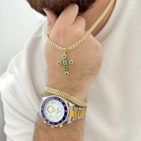 Juego para Caballero de Cadena Tejido Chino 60cm + Cristo verde Esmeralda + Pulsera Tejido Chino + Reloj Rolex De Bisel Azul